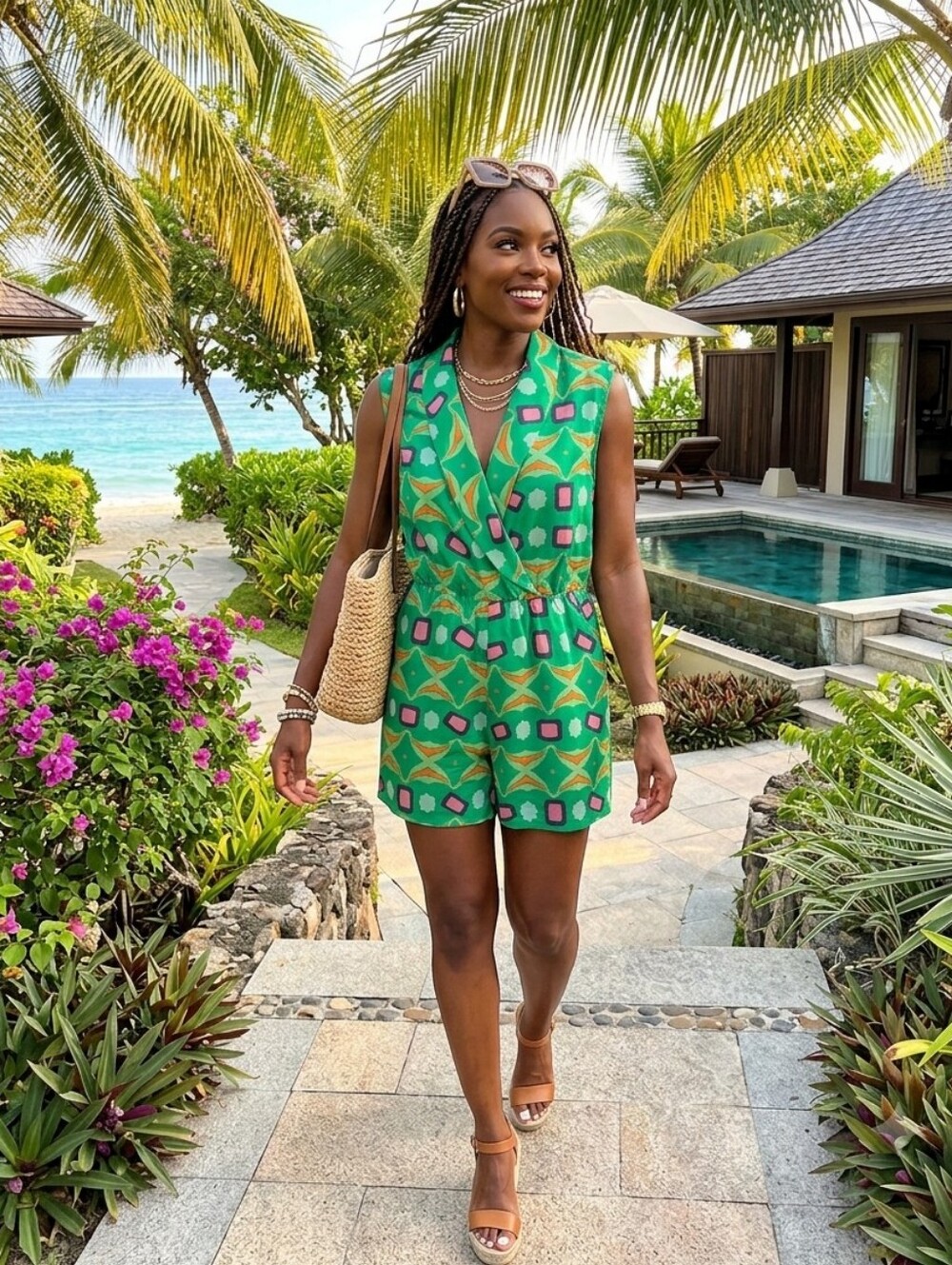 CIEBON Sleeveless Green Geometric Wrap Romper